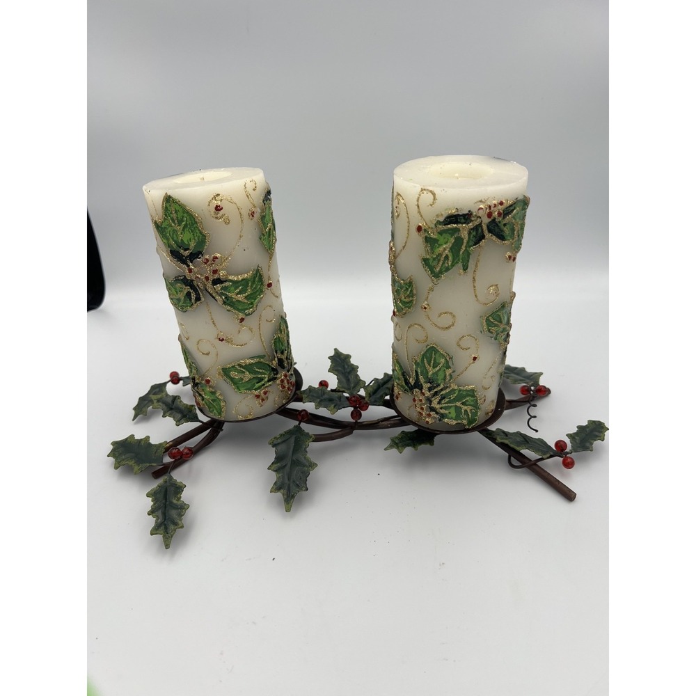 Traditional Christmas Candles & Holders Centerpiece Brown Twig Holly Berries